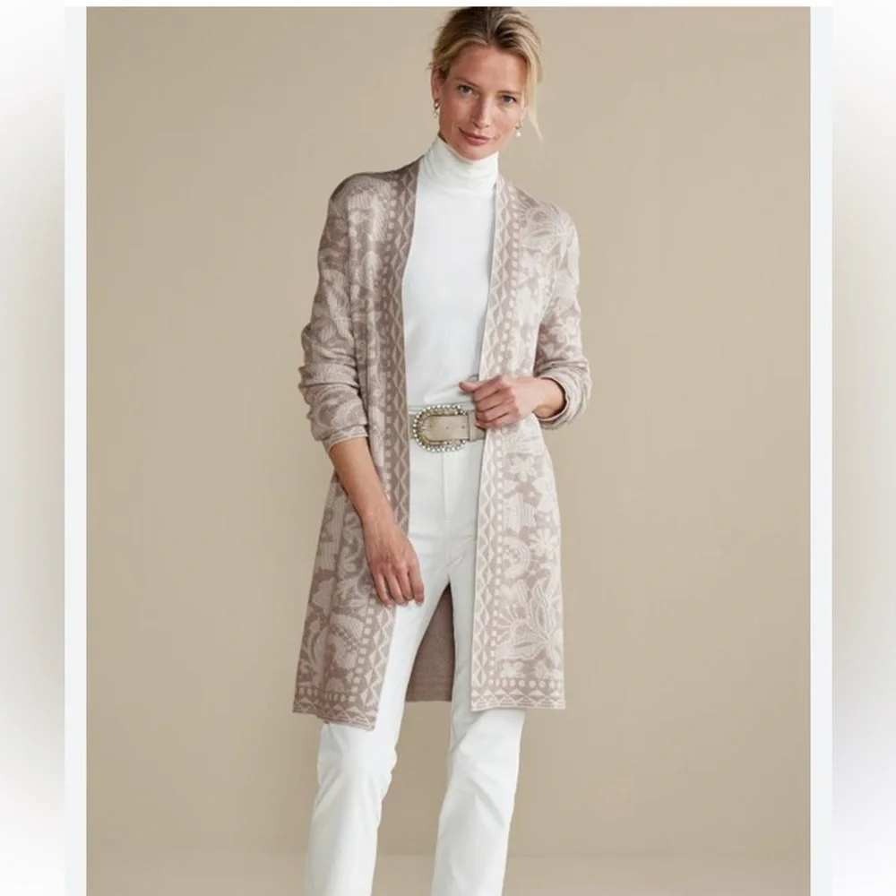 Soft Surroundings Women 1X Taupe Floral Jacquard Open Front Longline Cardigan